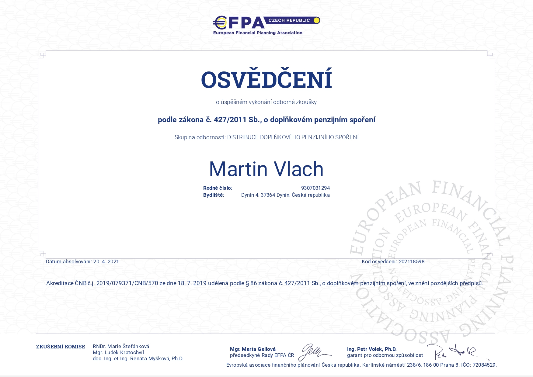 Certifikát - Doplňkové penzijní spoření