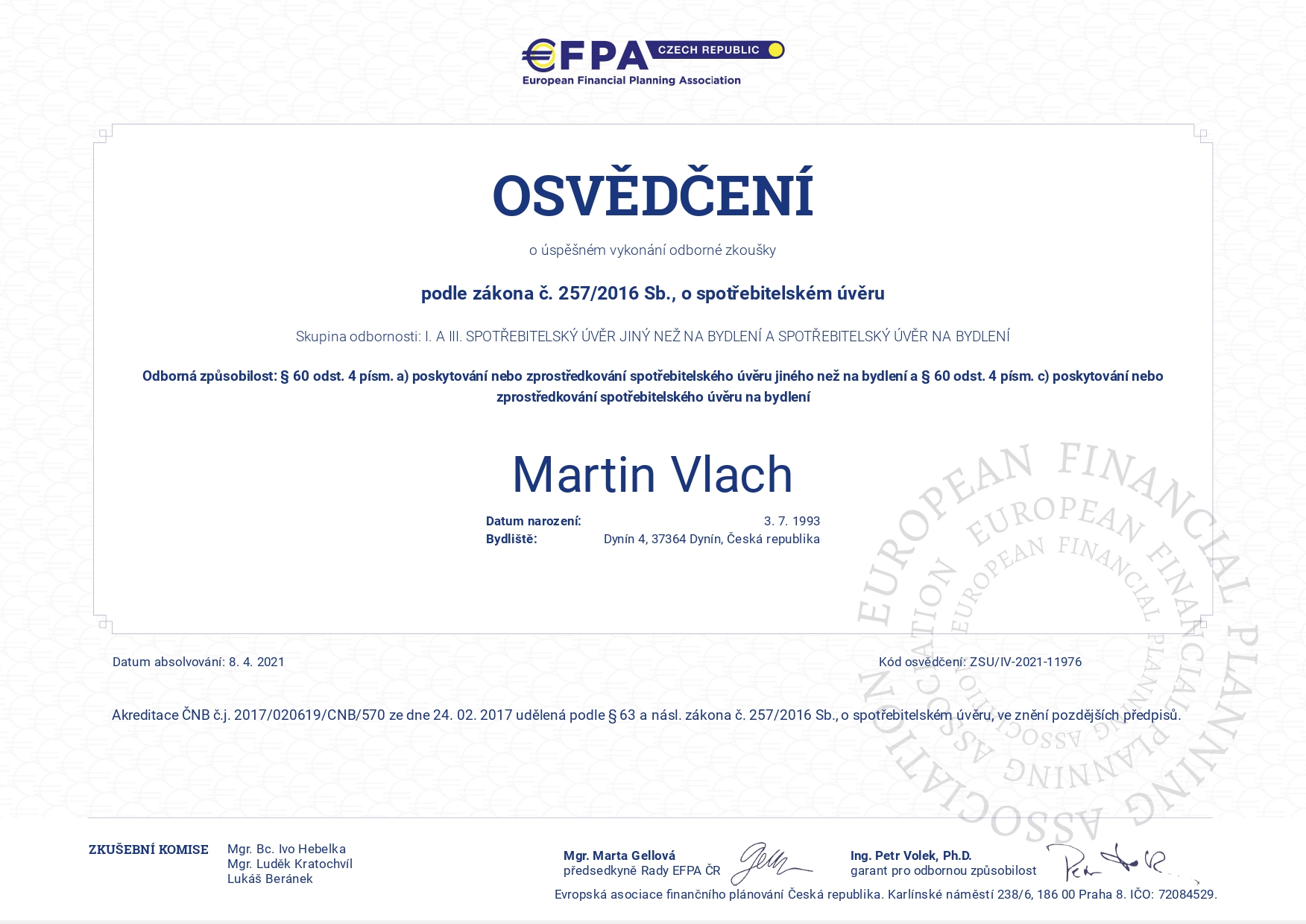 Certifikát - Spotřebitelský úvěr