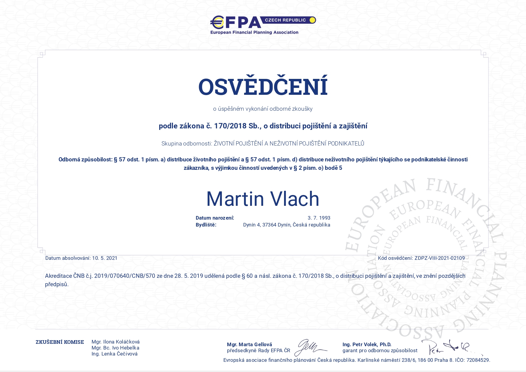 Certifikát - Distribuce pojištění a zajištění